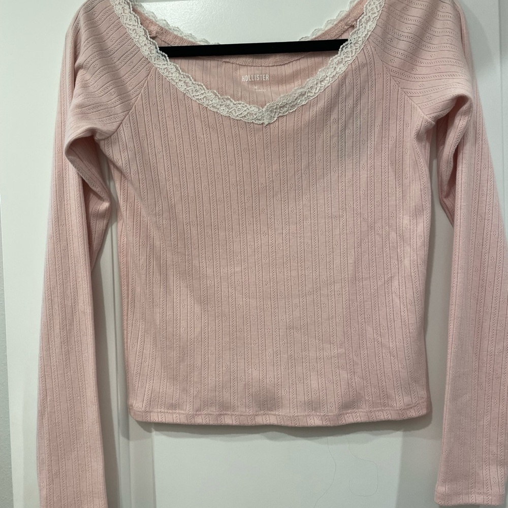 Hollister Light Pink Long Sleeve Top with Lace Trim